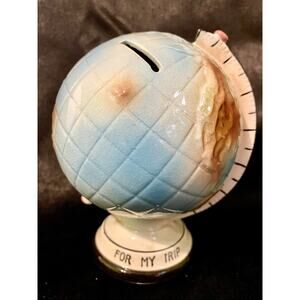 Coin Bank Ceramic "For My Trip" World Globe Bank made in Japan Vintage & Rare